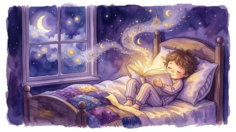 A child sleeping peacefully as magical stories and stars float from an enchanted storybook